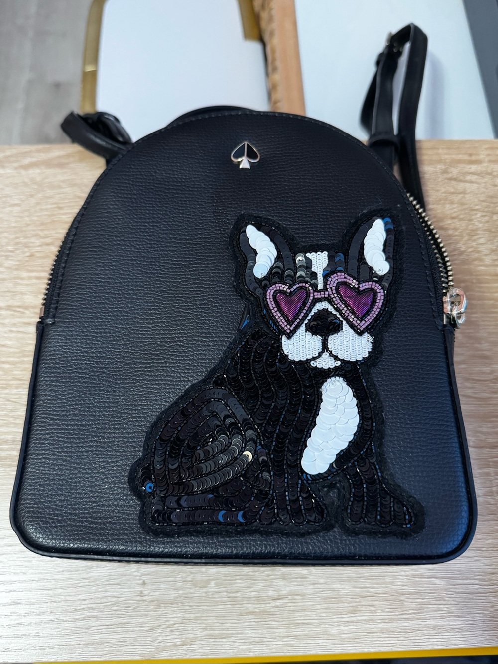 kate spade Black Leather Mini Backpack with Sequined Dog Patch - Francois